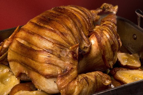 Bacon-Wrapped Turkey with Pear Cider Gravy