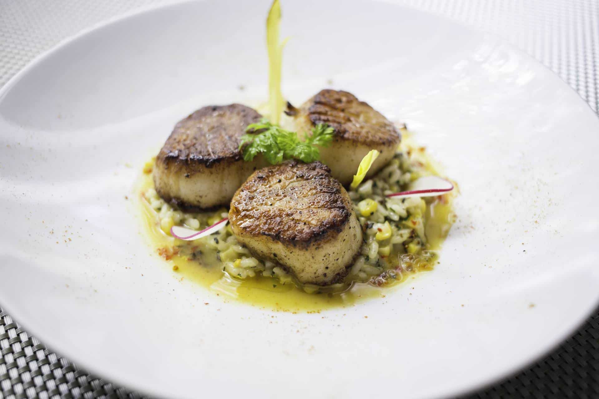 Potente's Diver Scallops with Crushed Corn Risotto & Shellfish Brodo