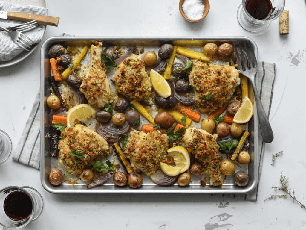 Dijon Crusted Sheet Pan Chicken with Roasted Vegetables