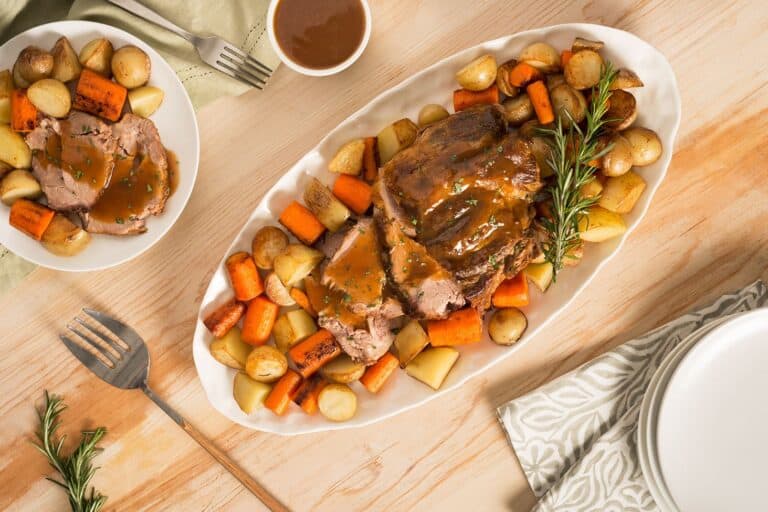 beer roasted mojo pork with potatoes and carrots