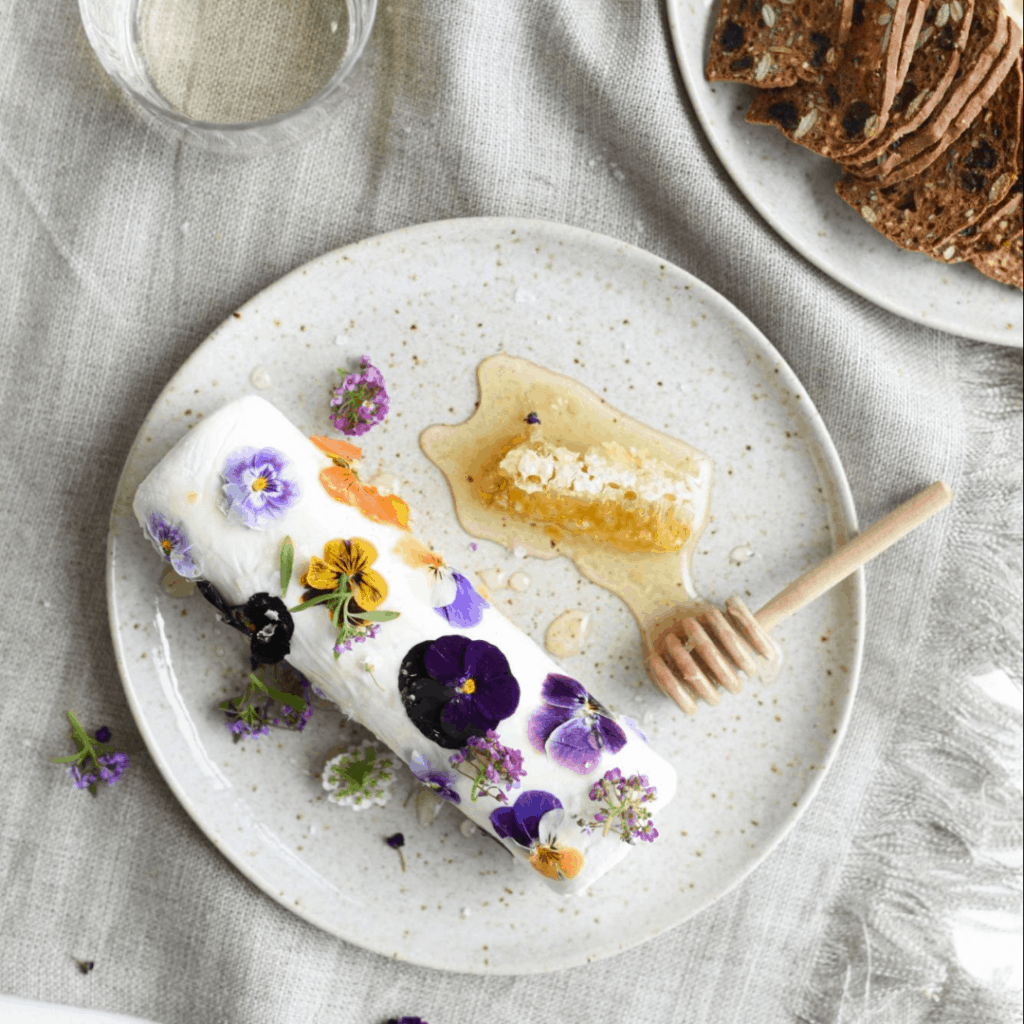 Untitled design 2 1024x1024 - Goat Cheese with Edible Flowers and Honey