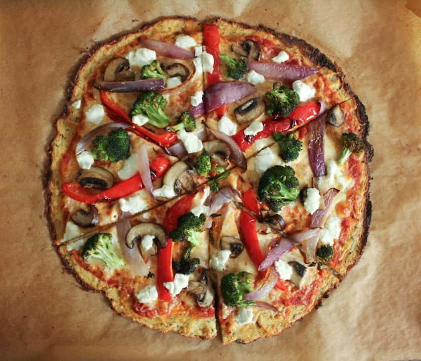 cauliflower pizza - Cauliflower Pizza Crust with Roasted Vegetables and Goat Cheese