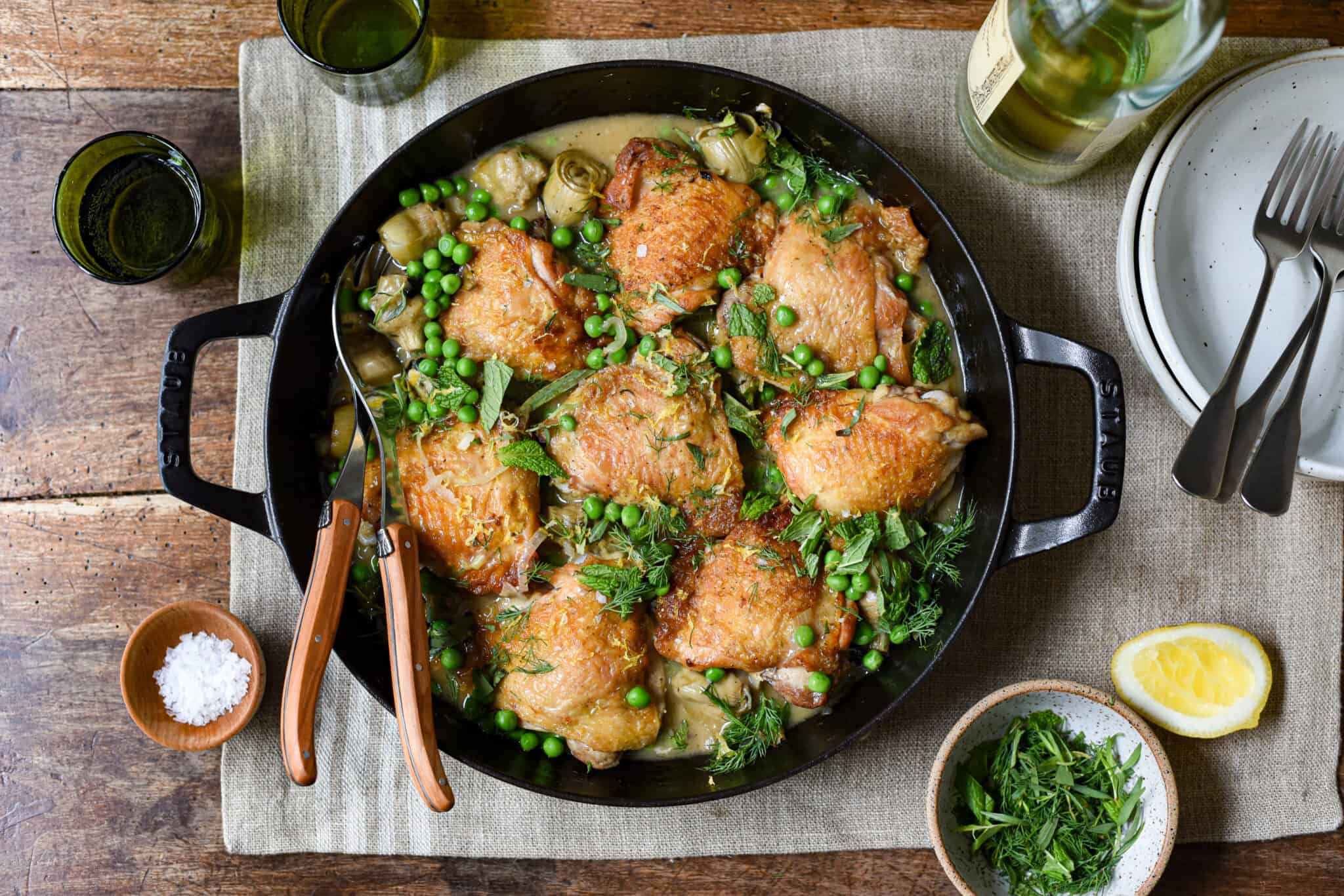 Braised Chicken Thighs with Artichokes and Peas