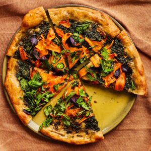 Herby Pizza with Carrot Top Pesto