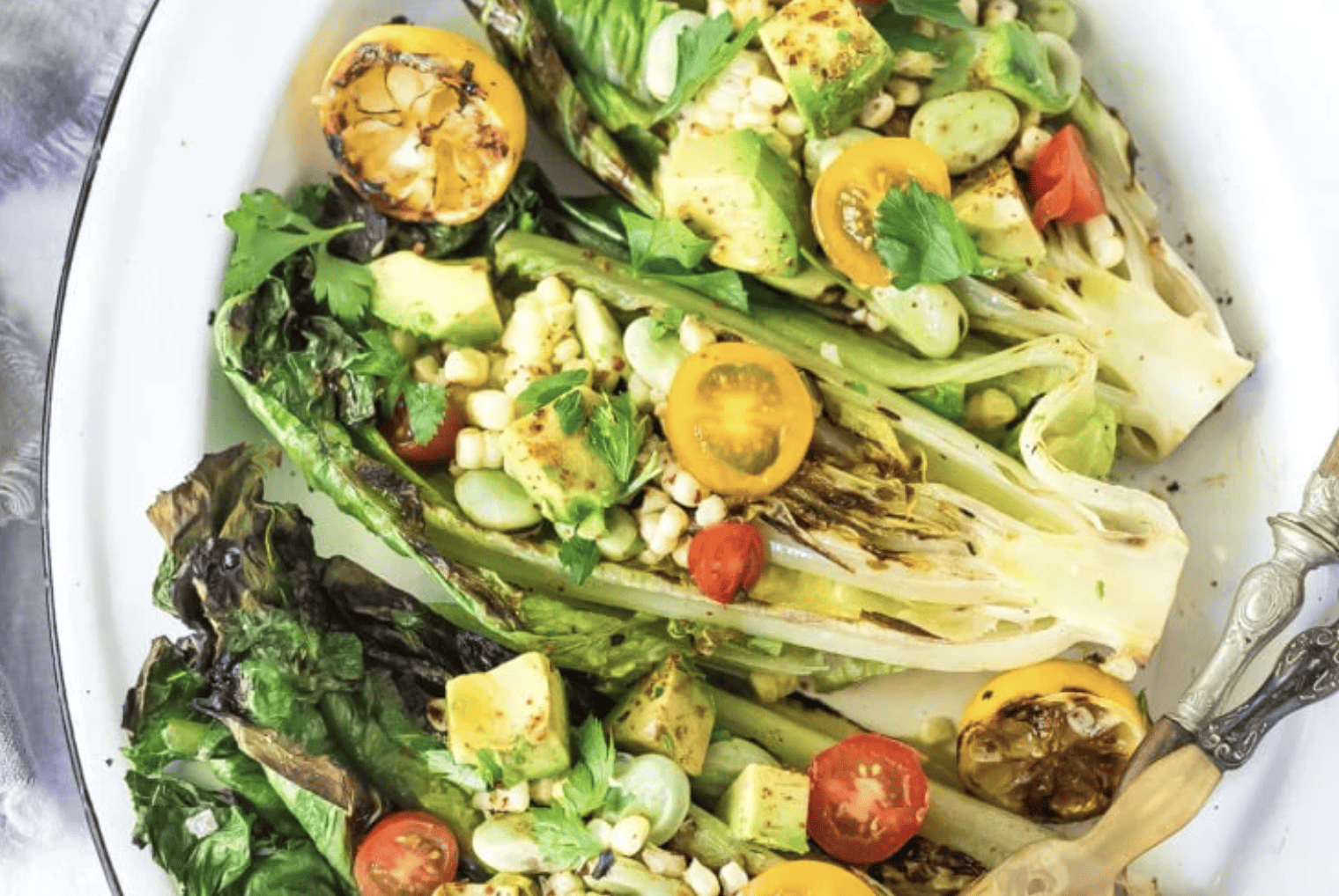 Grilled Romaine Salad with Corn, Fava Beans, and Avocado