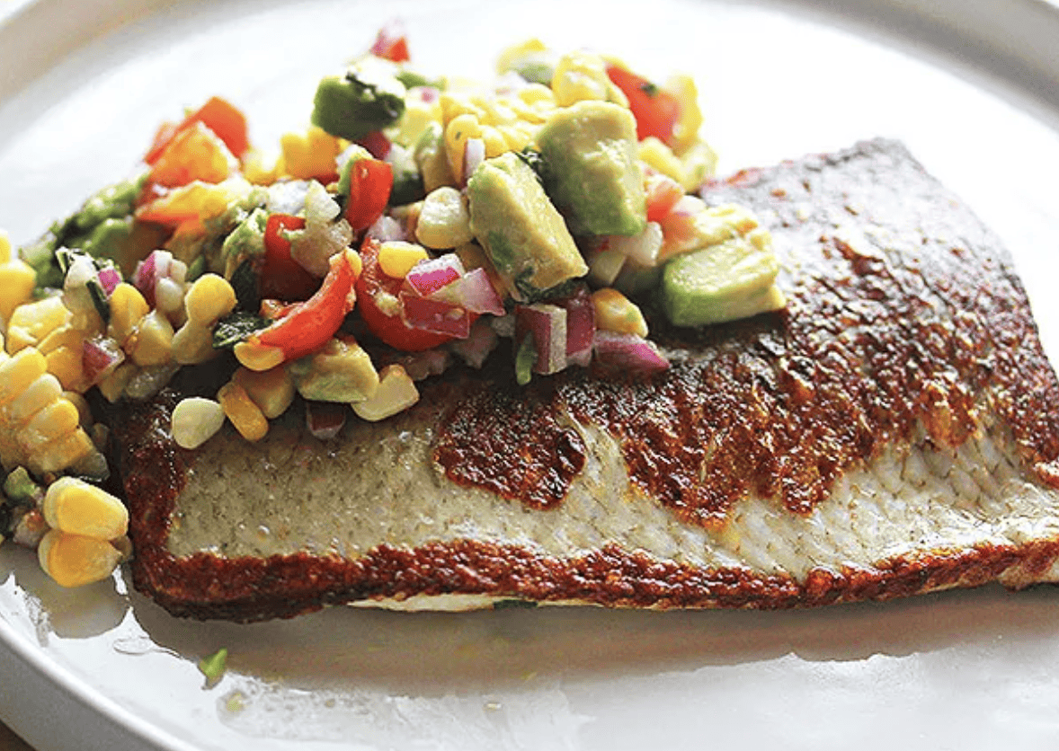 Pan Fried Whitefish with Corn, Avocado, Lime, and Basil Relish Pan Fried Whitefish with Corn, Avocado, Lime, and Basil Relish