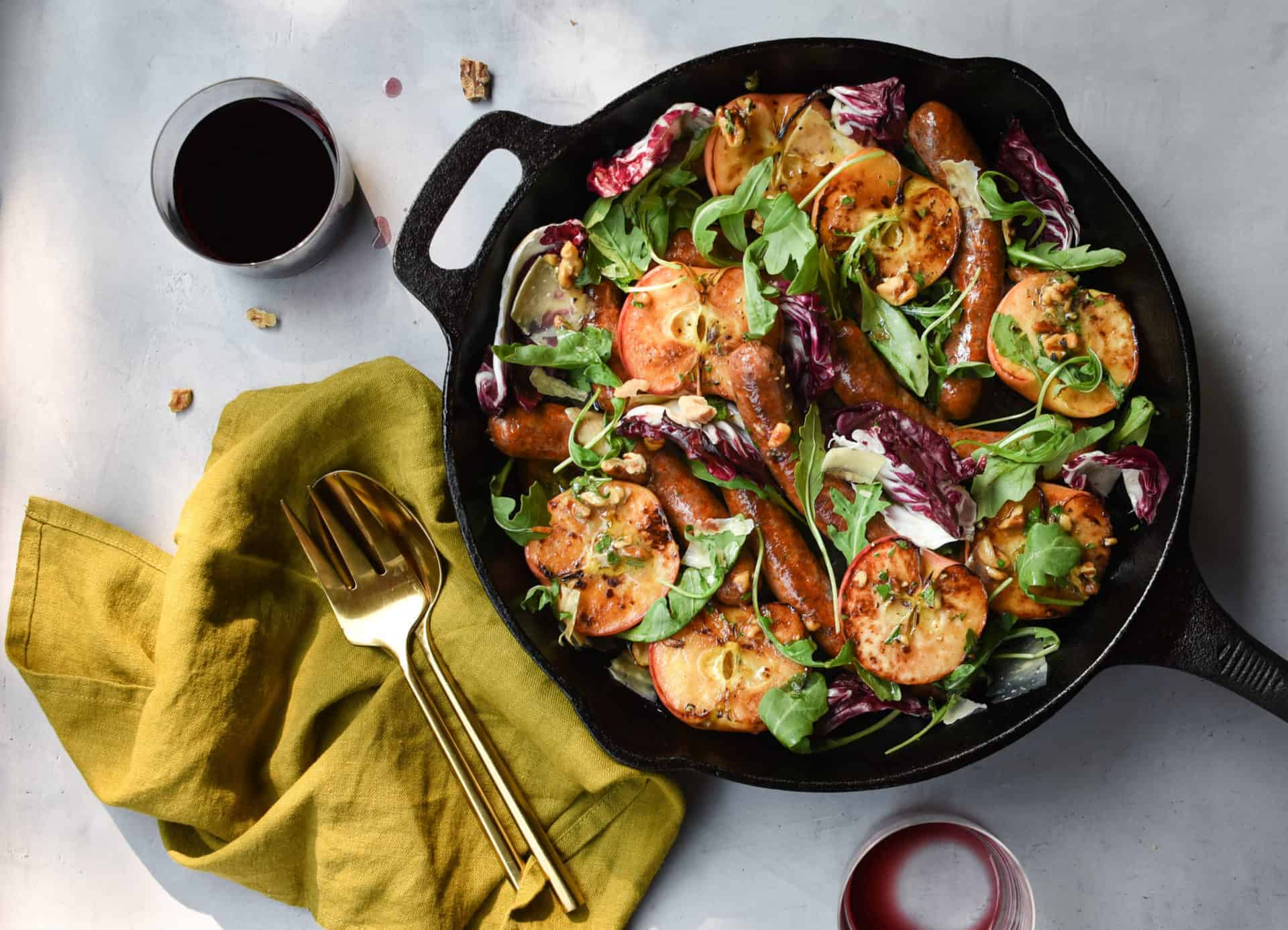 Skillet Roasted Sausages and Apples with Walnut Vinaigrette
