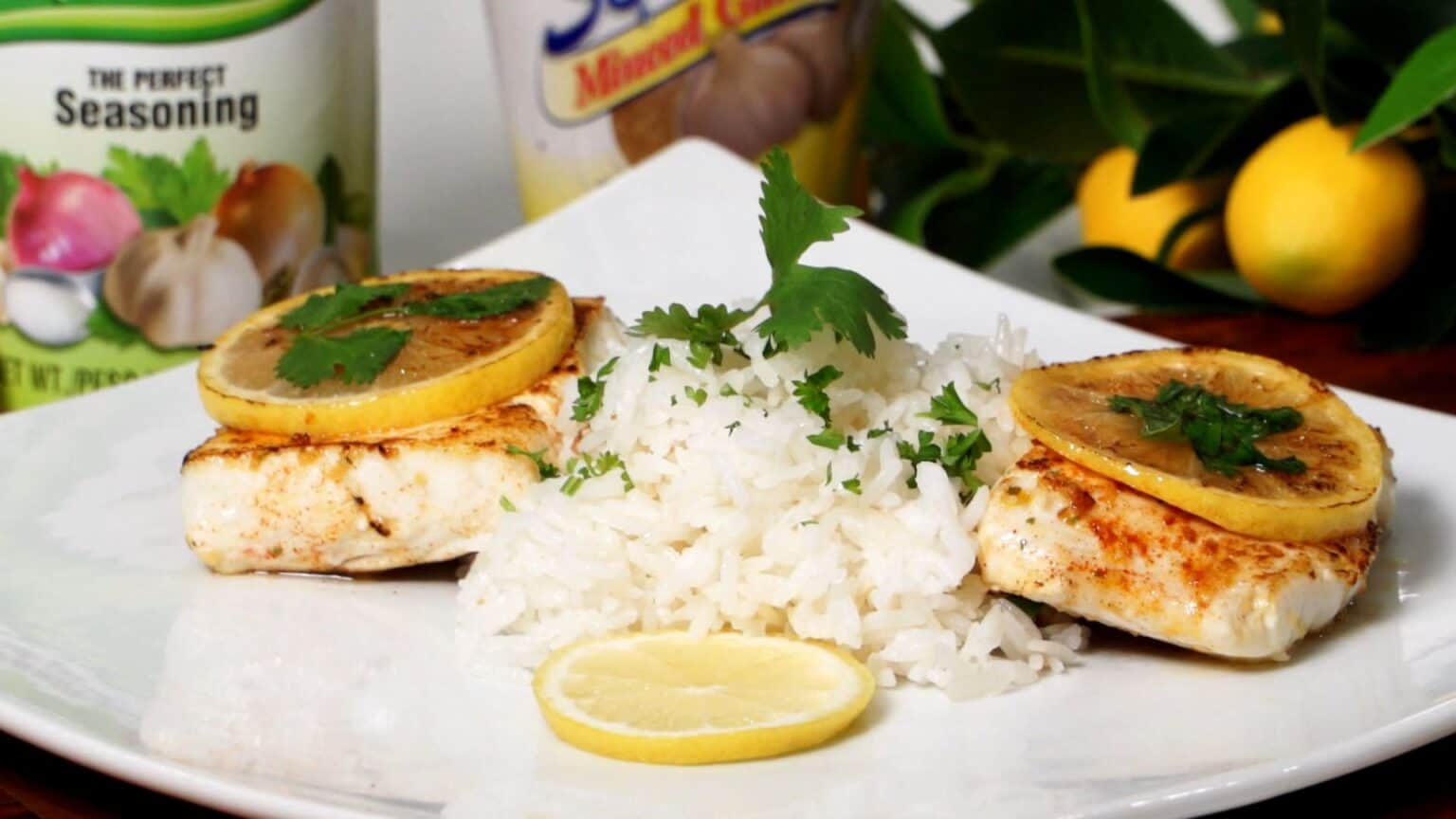 LemonCilantro Steamed Halibut with Herbed Jasmine Rice from Goya
