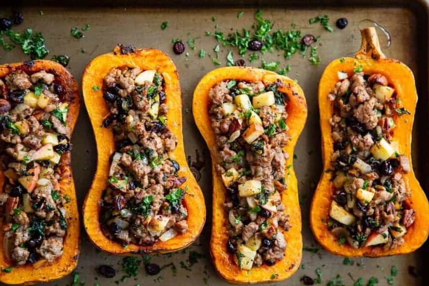 Sausage and Pecan Stuffed Butternut Squash