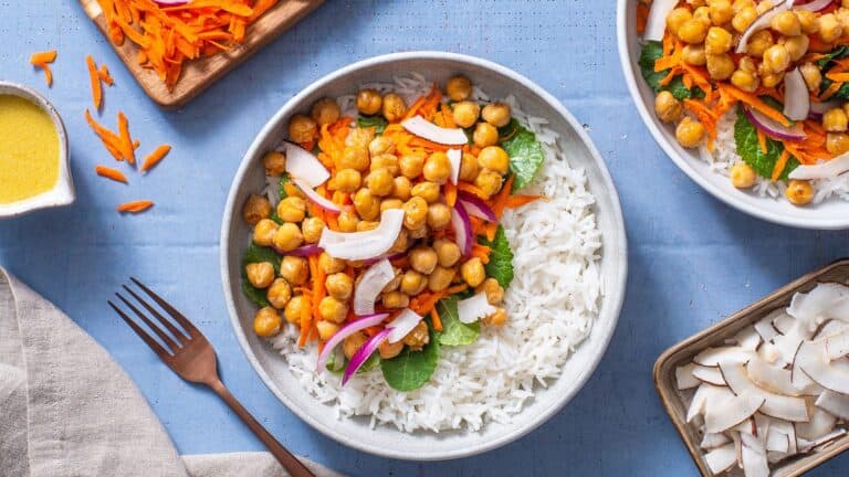 goya crispy chickpeas and coconut rice bowl