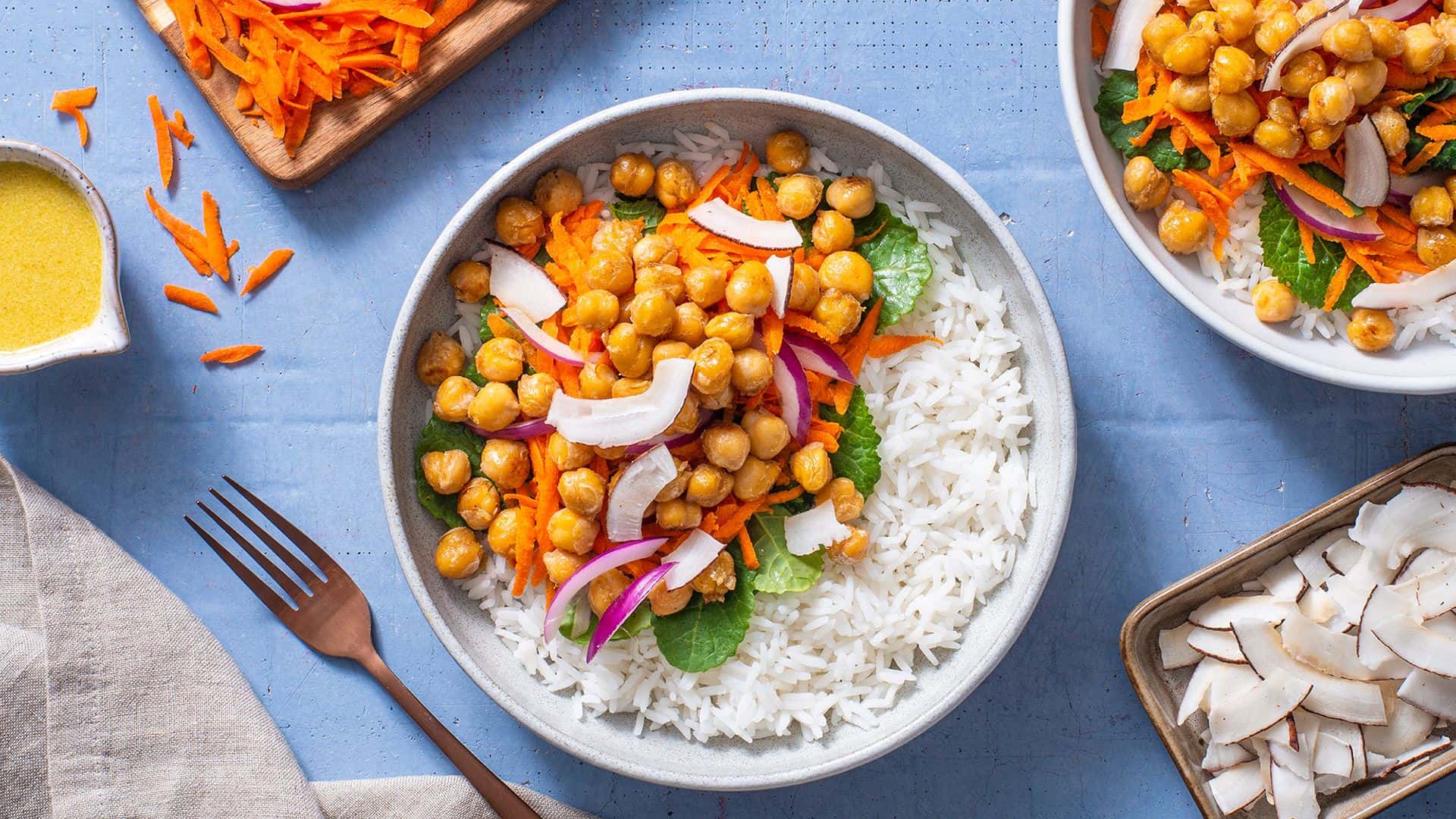 goya crispy chickpeas and coconut rice bowl