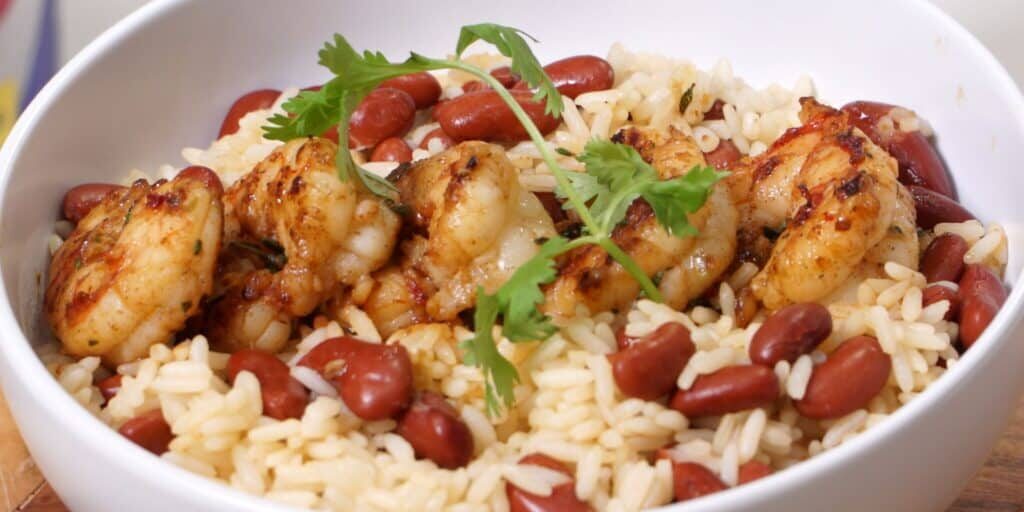 Jerk shrimp rice and beans bowl